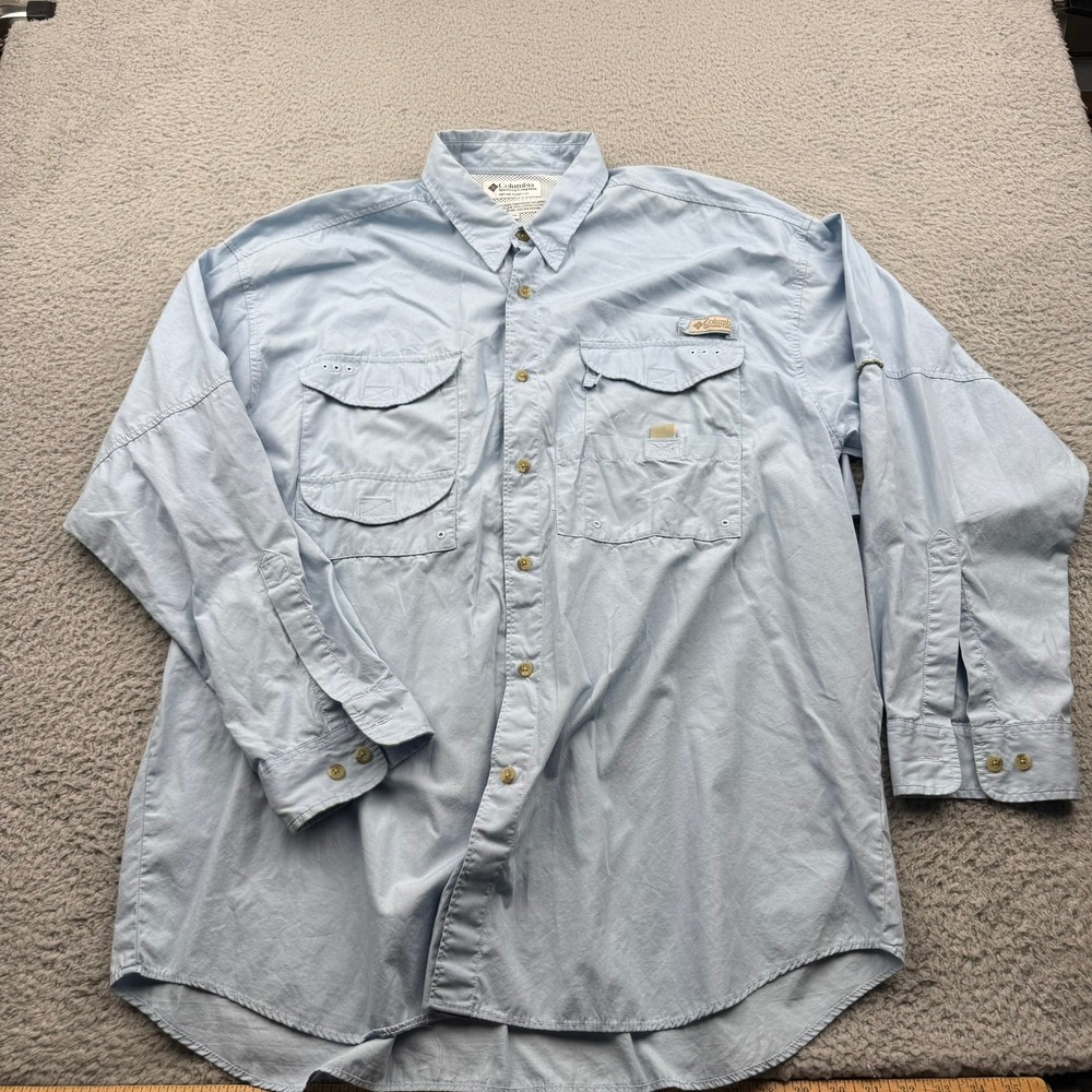 Columbia PFG Fishing Shirt Mens XL Blue Solid Long Sleeve Vented